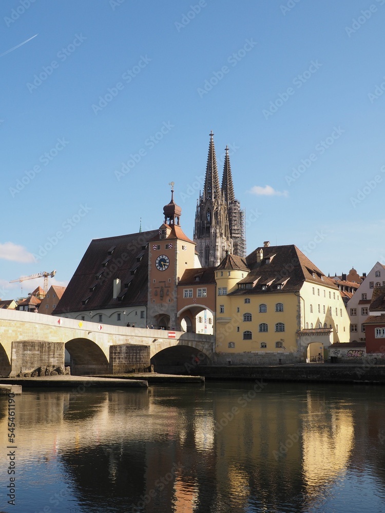 Vertical shot of cityscape of Regensburg with parts of the St Peter Dom and the danube in the middle
