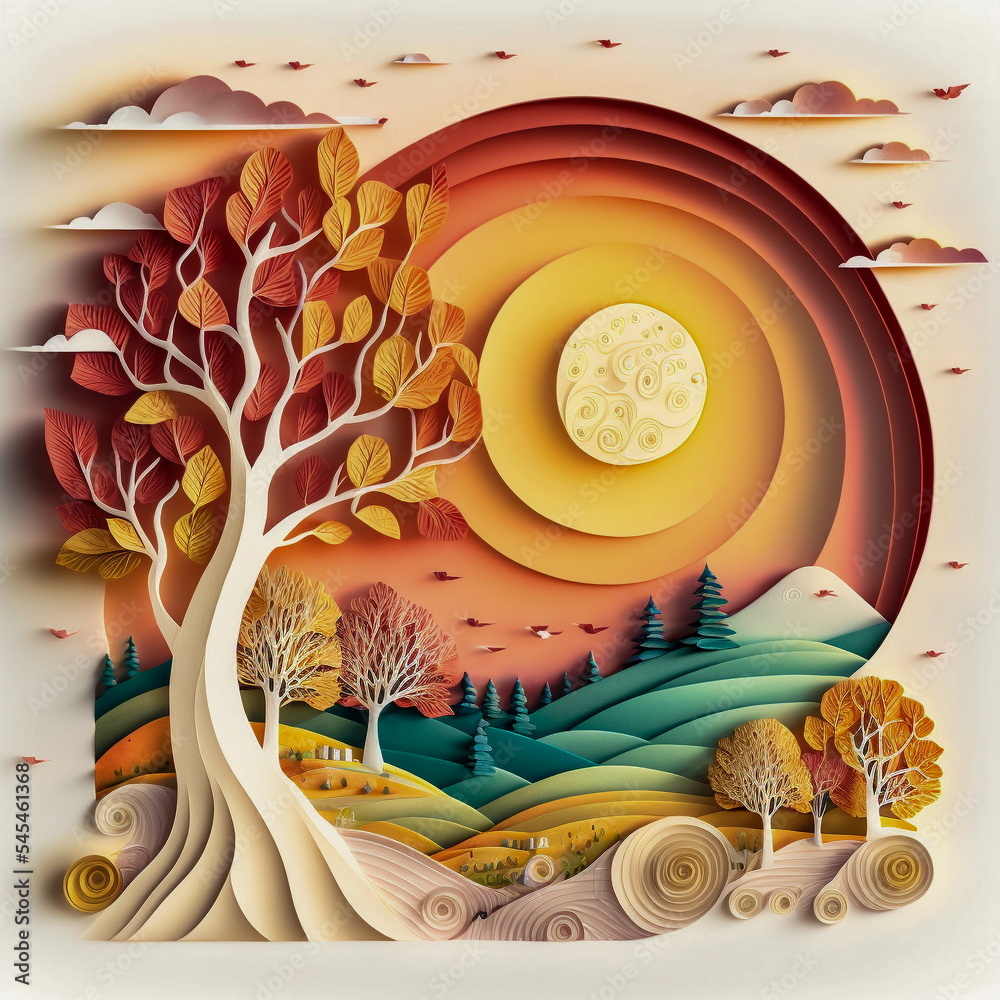 Landscape paper cut art quilling paper art style 3D paper cut. AI generated  image. Stock Illustration