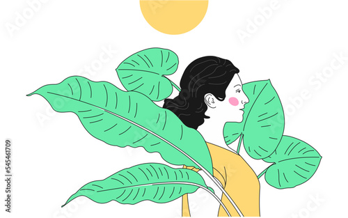 A woman with bare shoulders holds a palm leaf in her hand and looks to the side outline illustration. Skin care. Perfect Skin. vector illustration. (ID: 545461709)