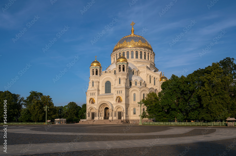 The Naval cathedral of Saint Nicholas in Kronstadt (Morskoy Nikolskiy Sobor) and the Anchor (Yakornaya) Square on a sunny summer day, Kronstadt, St. Petersburg, Russia