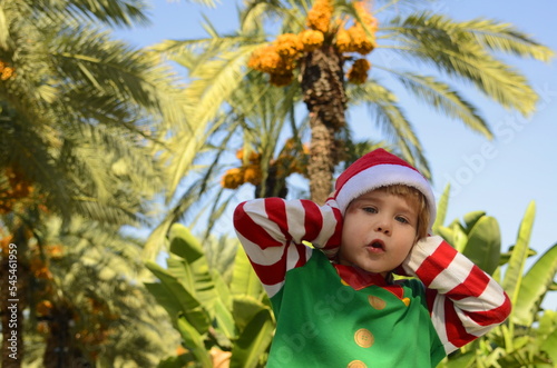 Positive funny kid in Santa Claus hat and elf costume in palm grove. Portrait of a child who holds his head, covers his ears with his hands. Christmas travel, vacation at the resort in winter. Childre