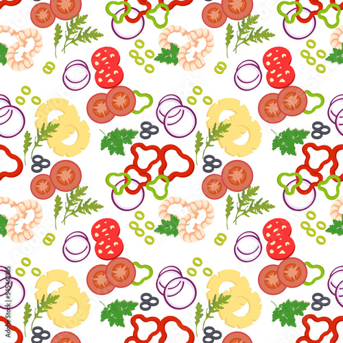 Seamless pattern with pizza ingredients.