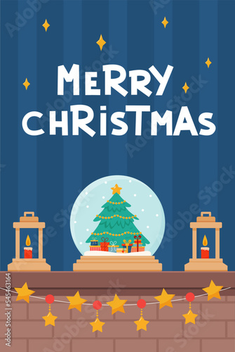 Christmas fireplace with decor, Christmas lanterns, candles and a large glass snow globe. Celebrating New Year and Christmas. Vector illustration in cartoon style