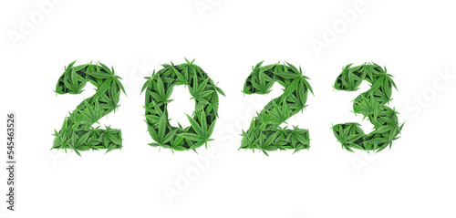 2023 numbers made of cannabis leaves isolated on white. Happy New Year concept. Legalize marijuana concept.