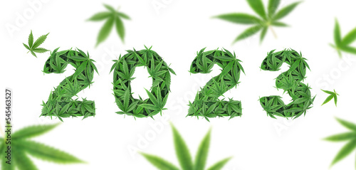 2023 numbers made of cannabis leaves isolated on white with blurred leaves in foreground. Happy New Year concept. Legalize marijuana concept.