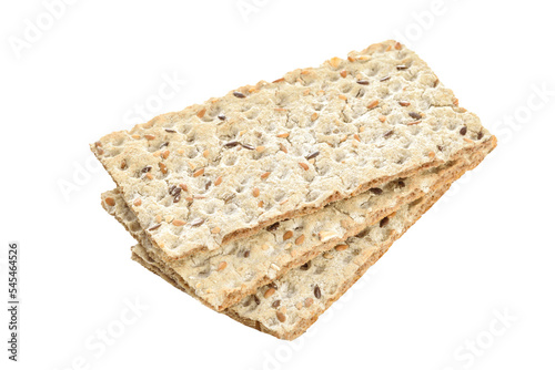 Stack of wholegrain dry crispy bread isolated on a transparent background in close-up