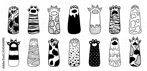 Cute cat, dog paws, pets doodle drawing collection. Black and white funny kitten or cute bear animals, tiger and leopard silhouette hands, happy simple meow kitty. Vector cartoon set