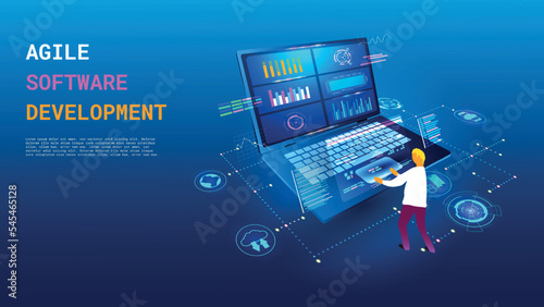 Web software, api data program. Java code language, 3d network technology, glowing monitor screen. Business development, programming and information processing, vector design isolated concept photo