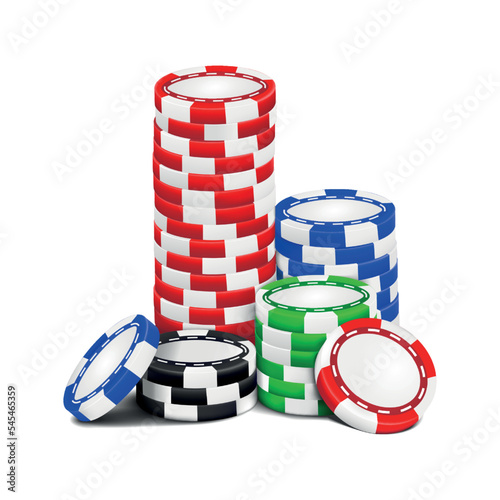 Poker chips stack. 3D realistic blackjack money token. Vegas or Macau casino piles. Roulette win circles. Gamblers objects. Play fortune game with risk bets. Vector illustration banner