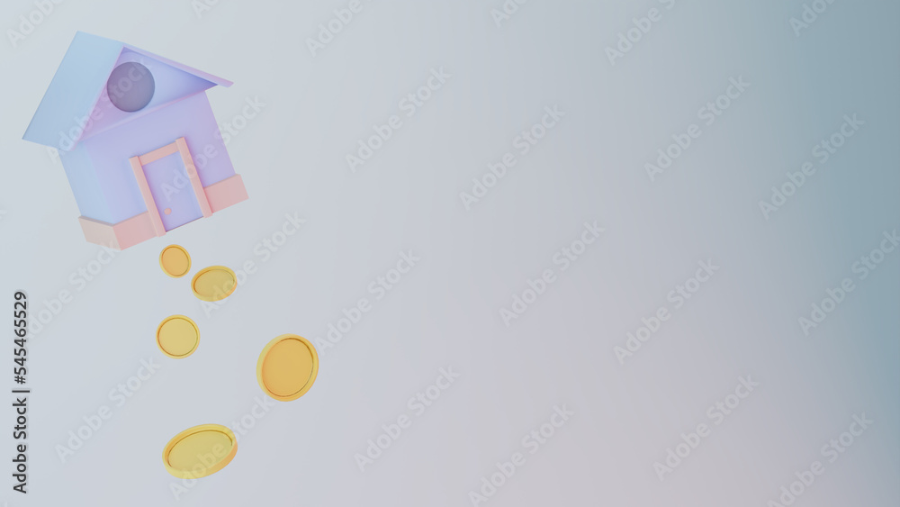 3d concept for the design of mortgage lending, renting a house, buying and selling real estate. 3d model of a country house with a fence and coins around it. Free space for text.