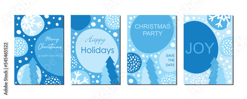 set of winter christmas postcards printable and for social media stories, collection of abstract vector frost blue templates with snow and fir trees