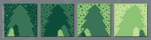 collection of simple flat and abstract fir trees design with snow and snowfall, square cards for social media stories, advertising and set of green christmas cards with copy space for text