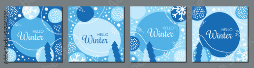 set of square winter christmas cards printable and for social media stories, collection of abstract vector frost blue templates with snow and fir trees