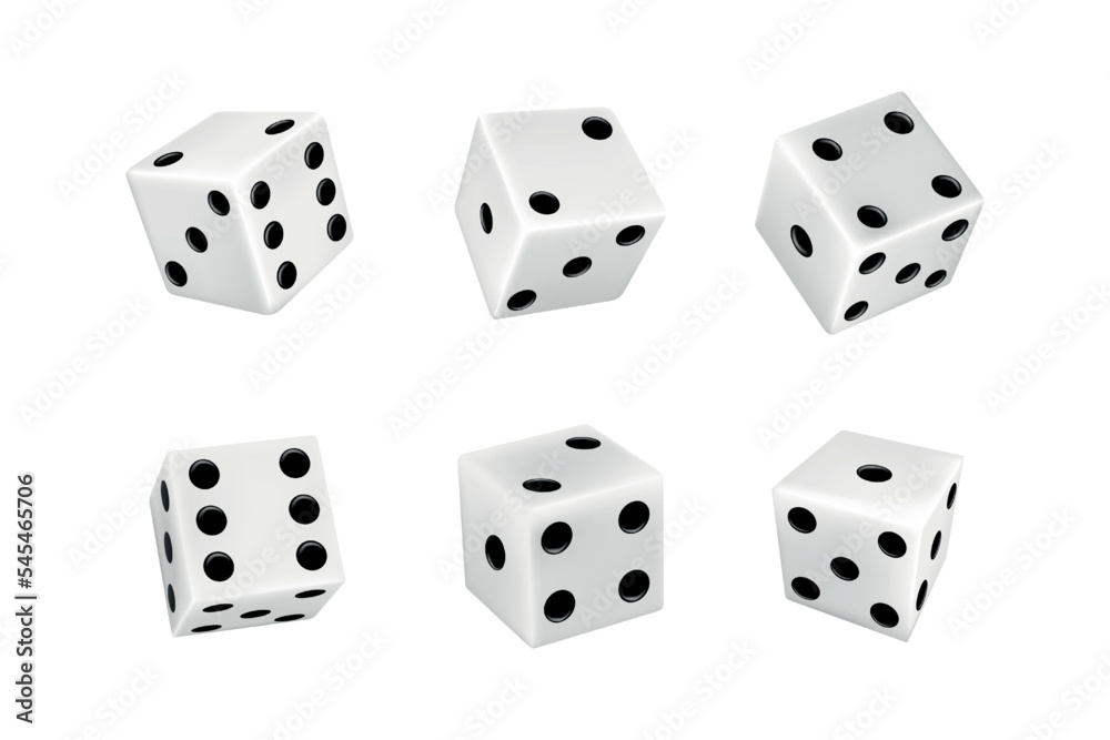 3D gaming dice. Cube signs. Black and white gambling game. Realistic casino objects set. Casino gamble. Square shapes with dot numbers. Different view angle. Vector isolated illustration 3D gaming dice. Cube signs. Black and white gambling game. Realistic casino objects set. Casino gamble. Square shapes with dot numbers. Different view angle. Vector isolated illustration