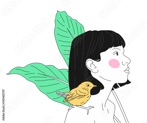 Young pensive girl with a cute whistling sparrow on her shoulder outline illustration.vector illustration. (ID: 545465707)
