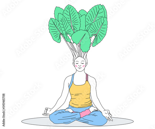 Woman meditating in yoga asana Padmasana Lotus pose with outline illustration. vector illustration. yoga concepts. (ID: 545465708)
