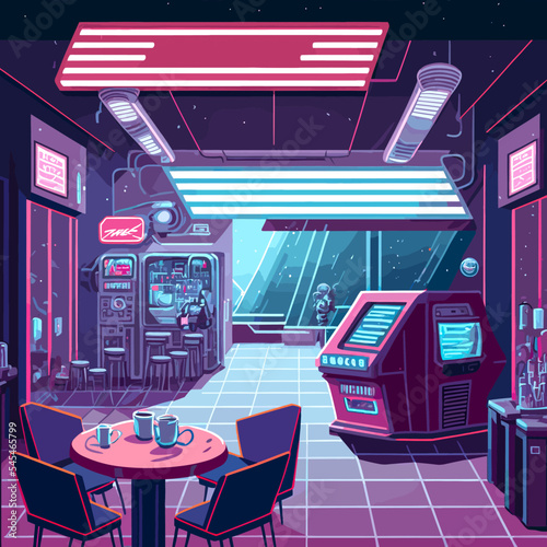 Colourful illustration of a futuristic cyberpunk cafe