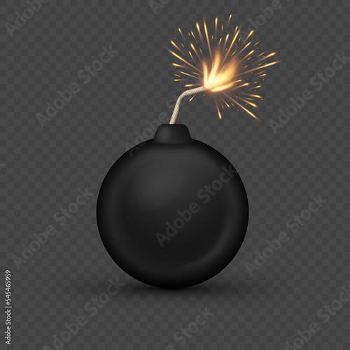 Burning fuse black bomb. Bomb with spark. Vector illustration.