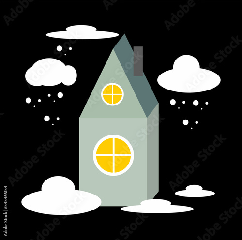 A small snow-covered house in the night.Black sky, white snow, flat style