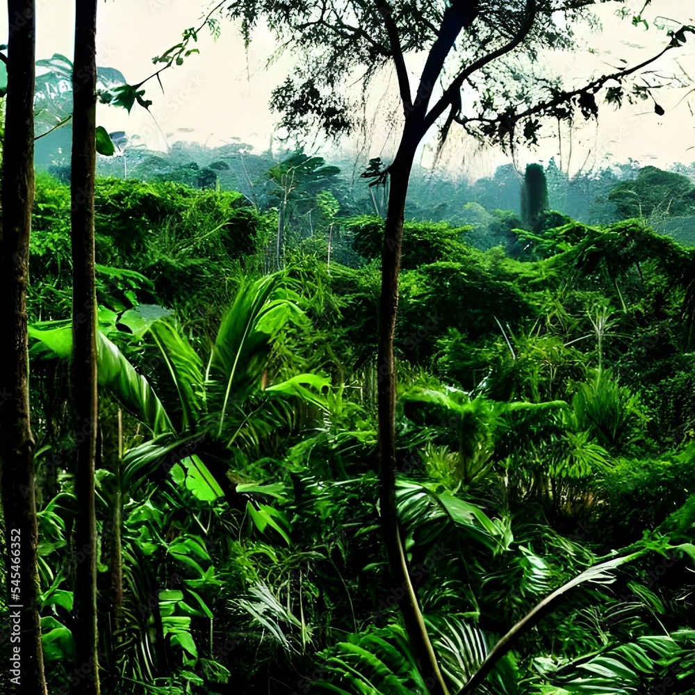 Fototapeta premium beautiful scene of sunset evening in tropical forest with trees
