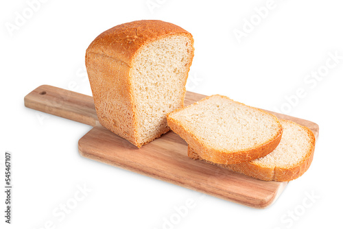 Homemade organic baked loaf of bread made of wheat flour and yeast sliced on wooden cutting board isolated on white background used as source of carbohydrates and vegetable proteins served as snack