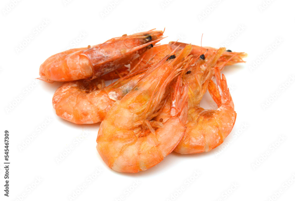 Stack cooked unshelled tiger shrimps isolated on white Stack cooked unshelled tiger shrimps isolated on white