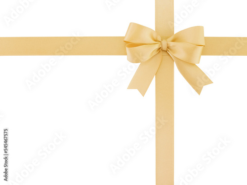 beige gold ribbon bow isolated on white, simple cross shape border ribbon