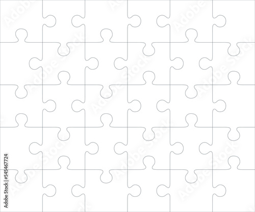 Jigsaw blank template or cutting guidelines of 30 pieces, 6 x 5 tiles vector puzzle game