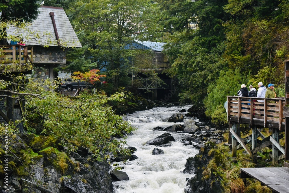 Group of people looking at the raging river from the bridge