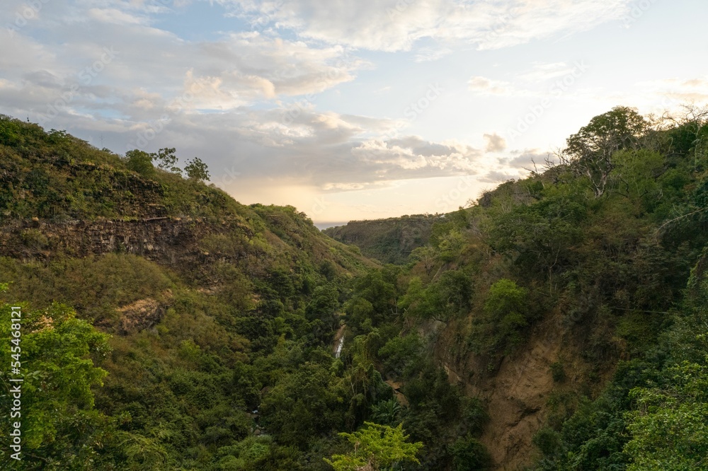 View of the nature of mountains full of green grass and trees during the sunset