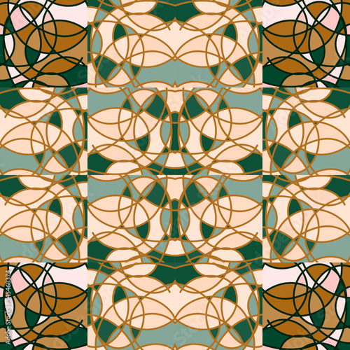 Decorative stained glass mosaic tile ornament. Circle kaleidoscope seamless pattern.