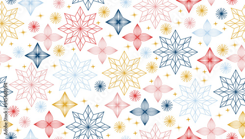 Estampado en forma de cenefa de navidad de copos de nieve o estrellas, cono colores navideños. Recurso grafico de navidad Fondo o banner de navidad vectorizado