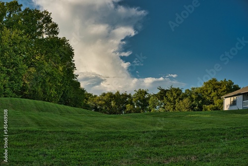 Fototapeta Naklejka Na Ścianę i Meble -  Countryside house in a green landscape with trees and blue cloudy sky
