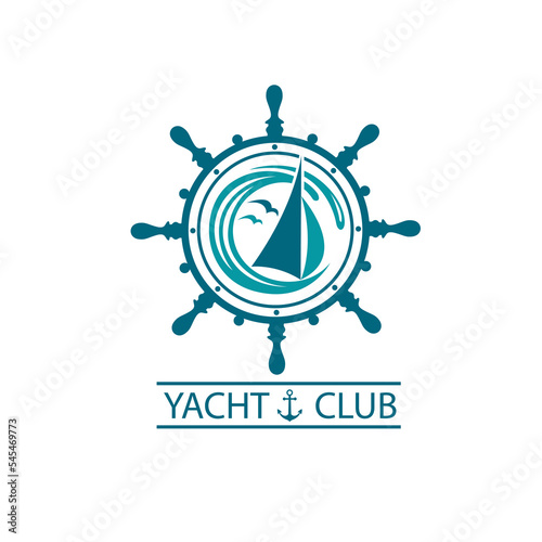 icon of sailing yacht, helm and ocean waves with seagulls