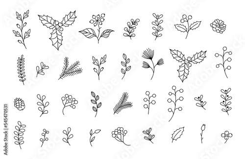 Collection of Christmas vector plants, holly, fir, mistletoe, berries, pine, leaves, branches, holiday decoration, winter symbols isolated on a white background. Black line art.