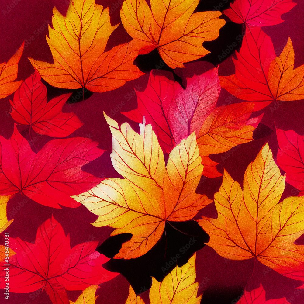 Seamless pattern of autumn fallen leaves. Red-yellow background of golden autumn as a concept of the change of seasons. Leaves of red maple, plane tree, birch.