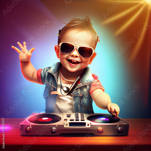 Cute little baby mixing musing on turntables, baby DJ, star