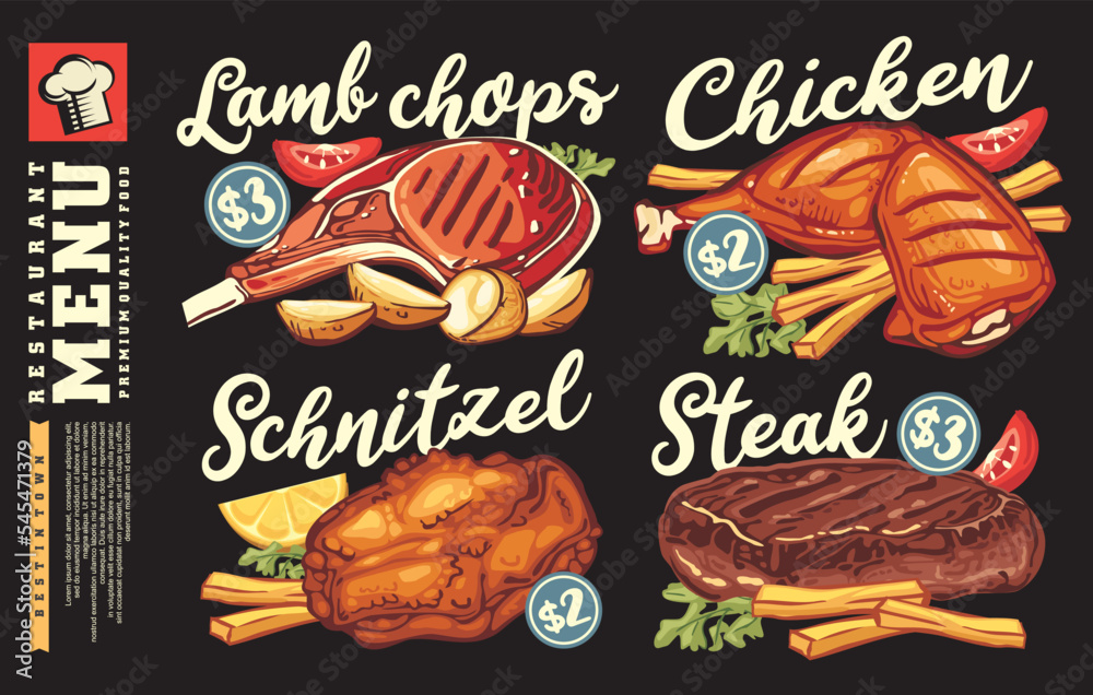 Restaurant menu design with delicious meals illustrations. Grilled chicken, beef steak, lamb chops and fried schnitzel food graphics. Diner vector illustration. Restaurant menu design with delicious meals illustrations. Grilled chicken, beef steak, lamb chops and fried schnitzel food graphics. Diner vector illustration.