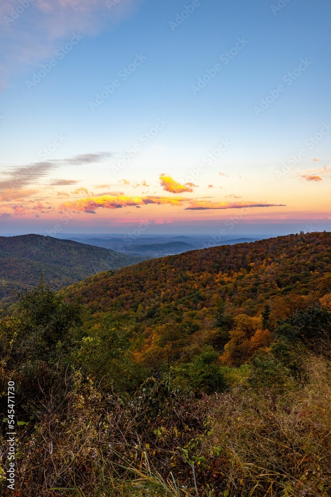 Vertical shot of the Shenandoah National Park with forests and hills under a sunset sky