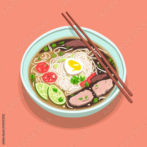 Colorful vector illustration of a Vietnamese pho soup