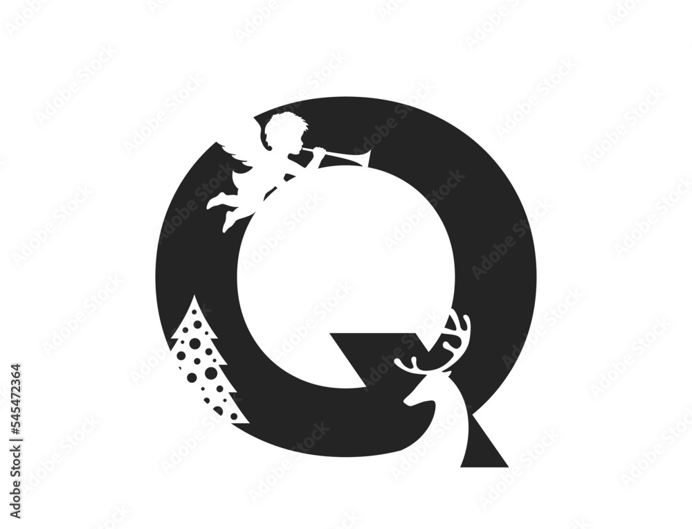 Fototapeta premium letter q with angel, deer and christmas tree. creative element for Christmas and New Year design. isolated vector image