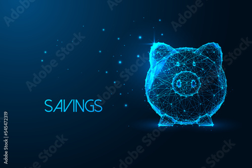Piggy bank in futuristic glowing low polygonal style on dark blue background. Money savings concept