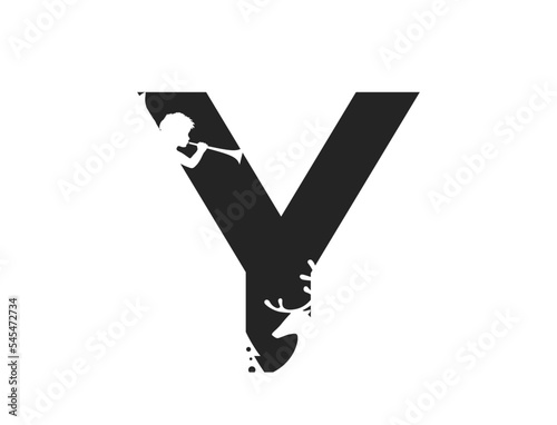 letter y with angel, deer and christmas tree. decorative initial letter for Christmas and New Year design. vector image