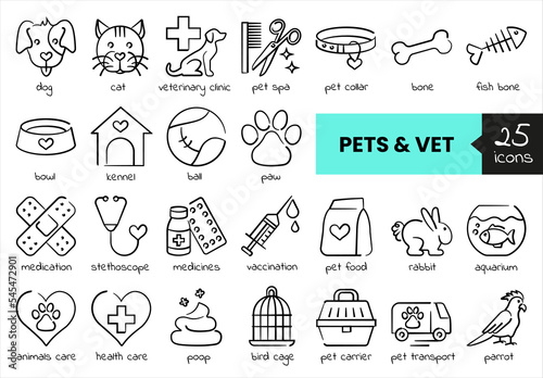 Pets and vet set of creative hand drawn icons - dog, cat, veterinary clinic, animals care, health care