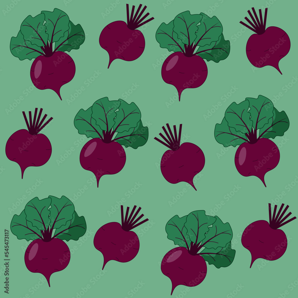 Seamless vegetable pattern. Set of beetroot with green leaves on green background. Seamless vegetable pattern. Set of beetroot with green leaves on green background.