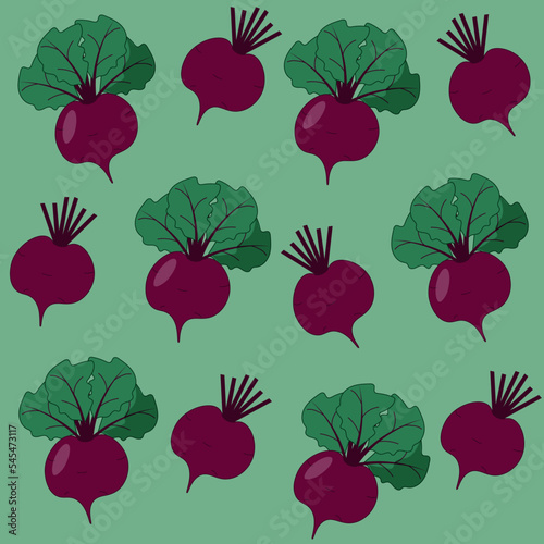 Seamless vegetable pattern. Set of beetroot with green leaves on green background. 