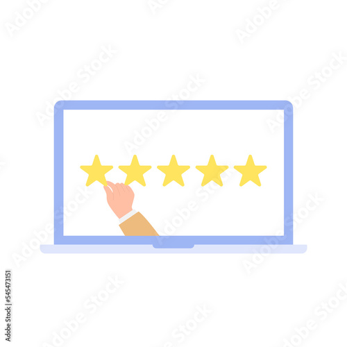 Rate. An illustration of a hand putting five stars. Give a report