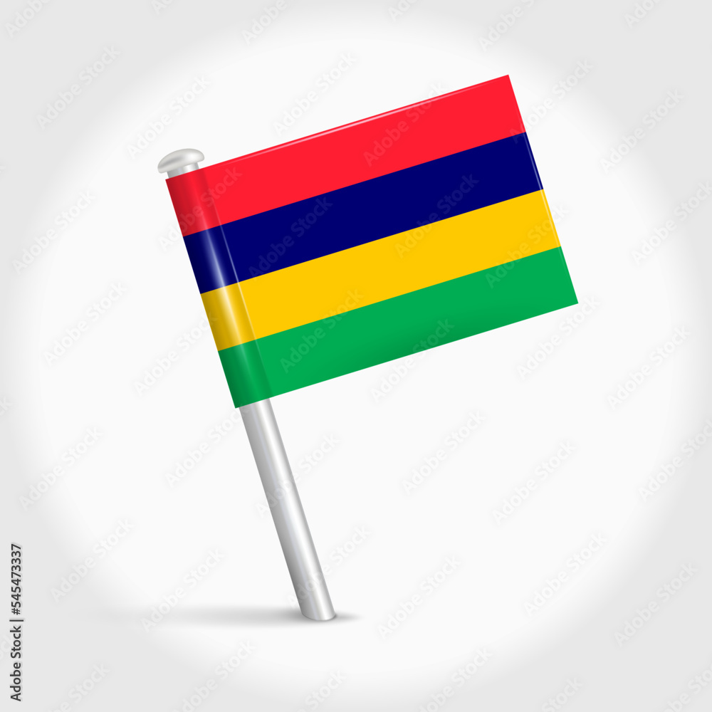 Mauritius map pin flag icon. Mauritian pennant map marker on a metal needle. 3D realistic vector illustration. Mauritius map pin flag icon. Mauritian pennant map marker on a metal needle. 3D realistic vector illustration.