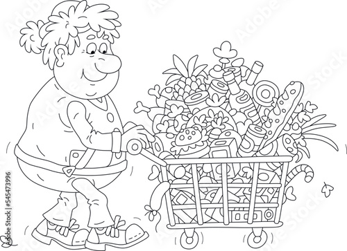 Funny shopper in a Santa hat walking to a supermarket checkout with a shopping cart full of foods, drinks and gifts for winter holidays, black and white vector cartoon illustration