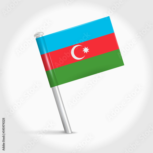 Azerbaijan map pin flag icon. Azerbaijani pennant map marker on a metal needle. 3D realistic vector illustration.